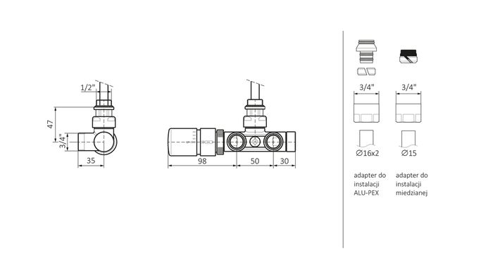 Набір вентилів термостатичний кутовий з трубкою занурення лівий хром Terma LC-23601