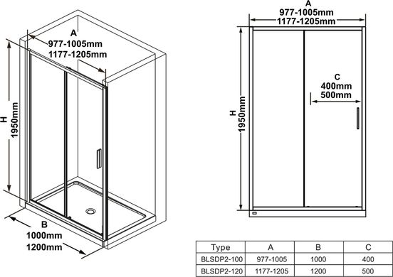 Душові двері двохелементні BLSDP2-120 Transparent, RAVAK LC-22593