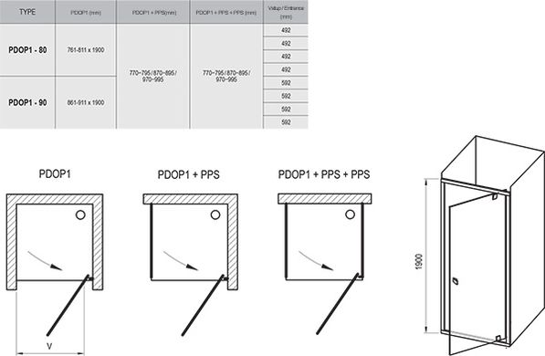 Душові двері одноелементні PDOP1-90 Transparent, (03G70300Z1) RAVAK LC-22595